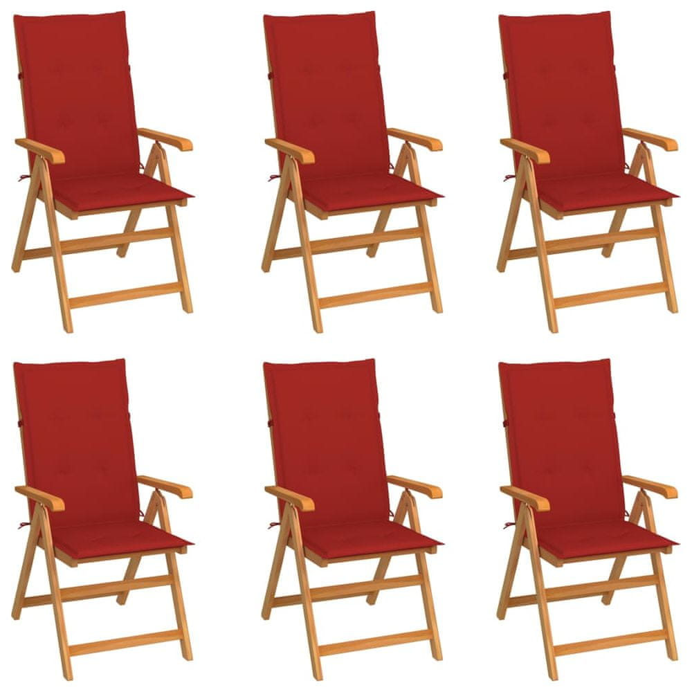 Vidaxl Záhradné stoličky 6 ks s červenými podložkami tíkový masív